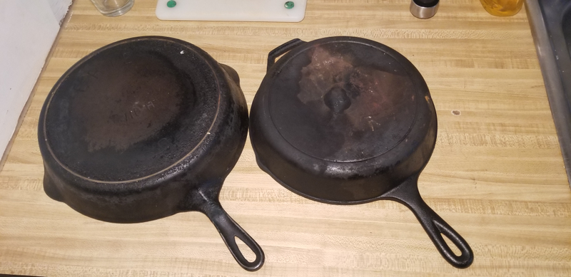11" Erie on the left, 10" Lodge on the right. Both made in the USA. the Erie has a heat ring, although it’s worn down enough to protrude only slightly. The Lodge has the signiture engraved ring. The handle of the Erie is concave on the underside, as apposed to the fuller handle on the Lodge.